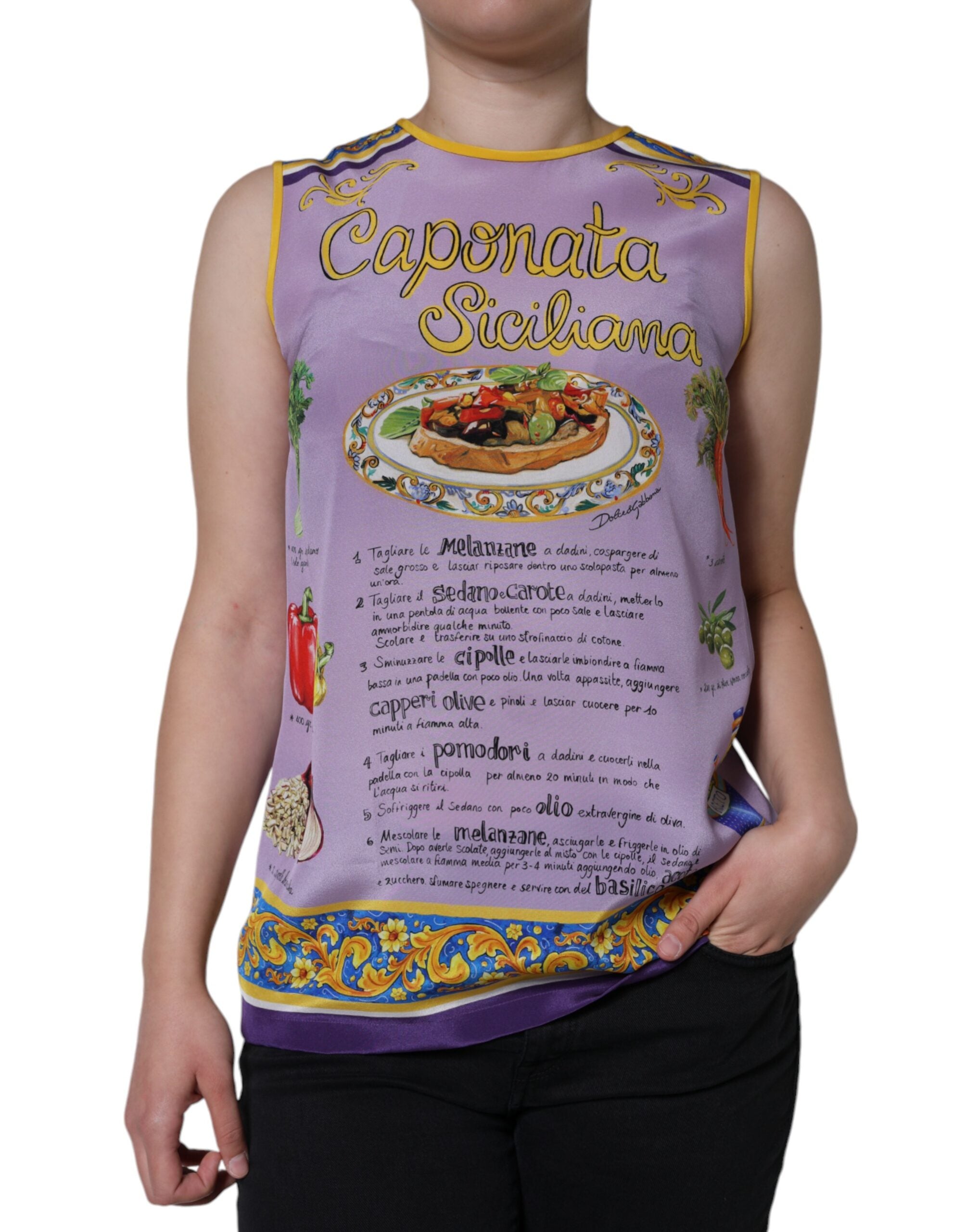 Dolce & Gabbana Purple Silk Caponata Siciliana Print Tank Women's