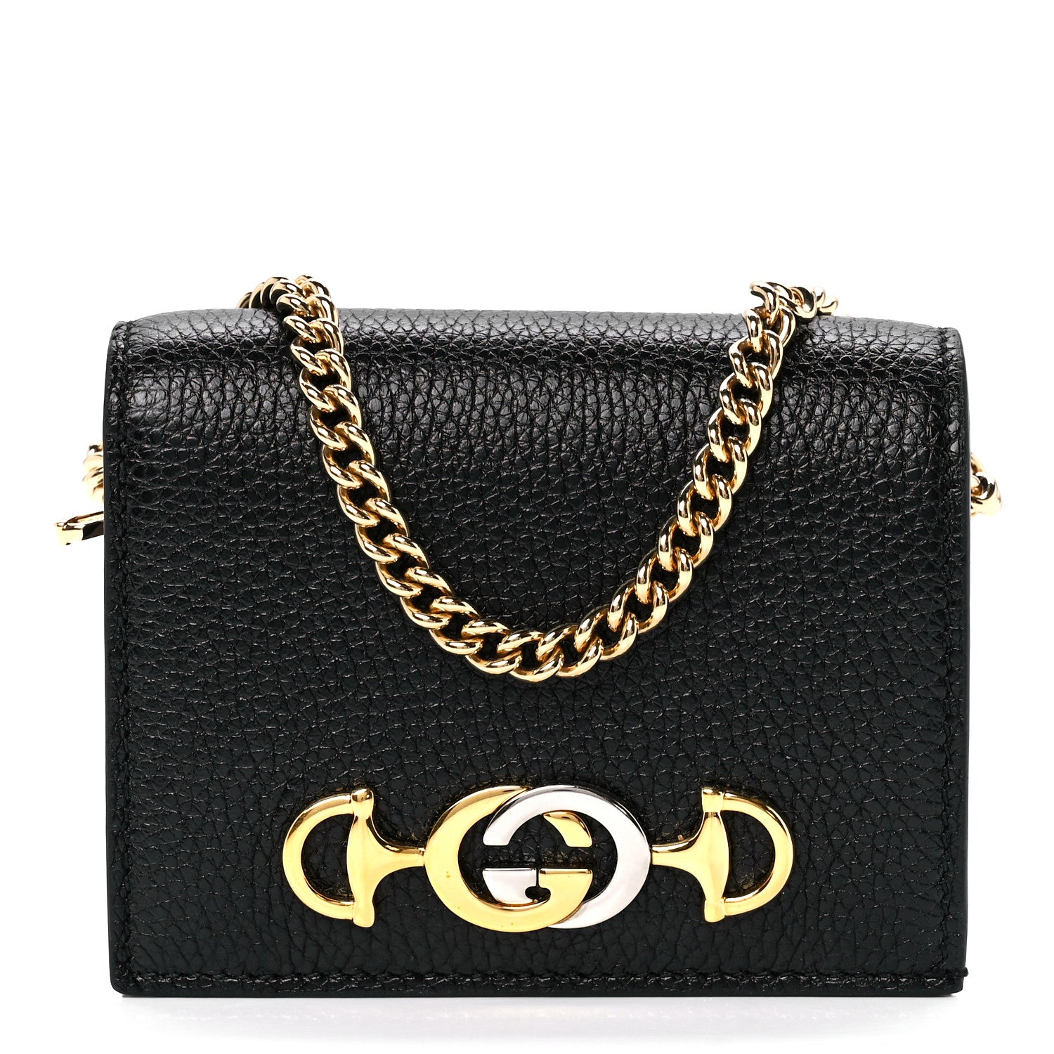 極美✨GUCCI Zumi ホースビット ゴールドチェーン コンパクトウォレット Gucci Zumi GG Black Leather Gold Chain Bi-Fold Mini Wallet – Bluefly