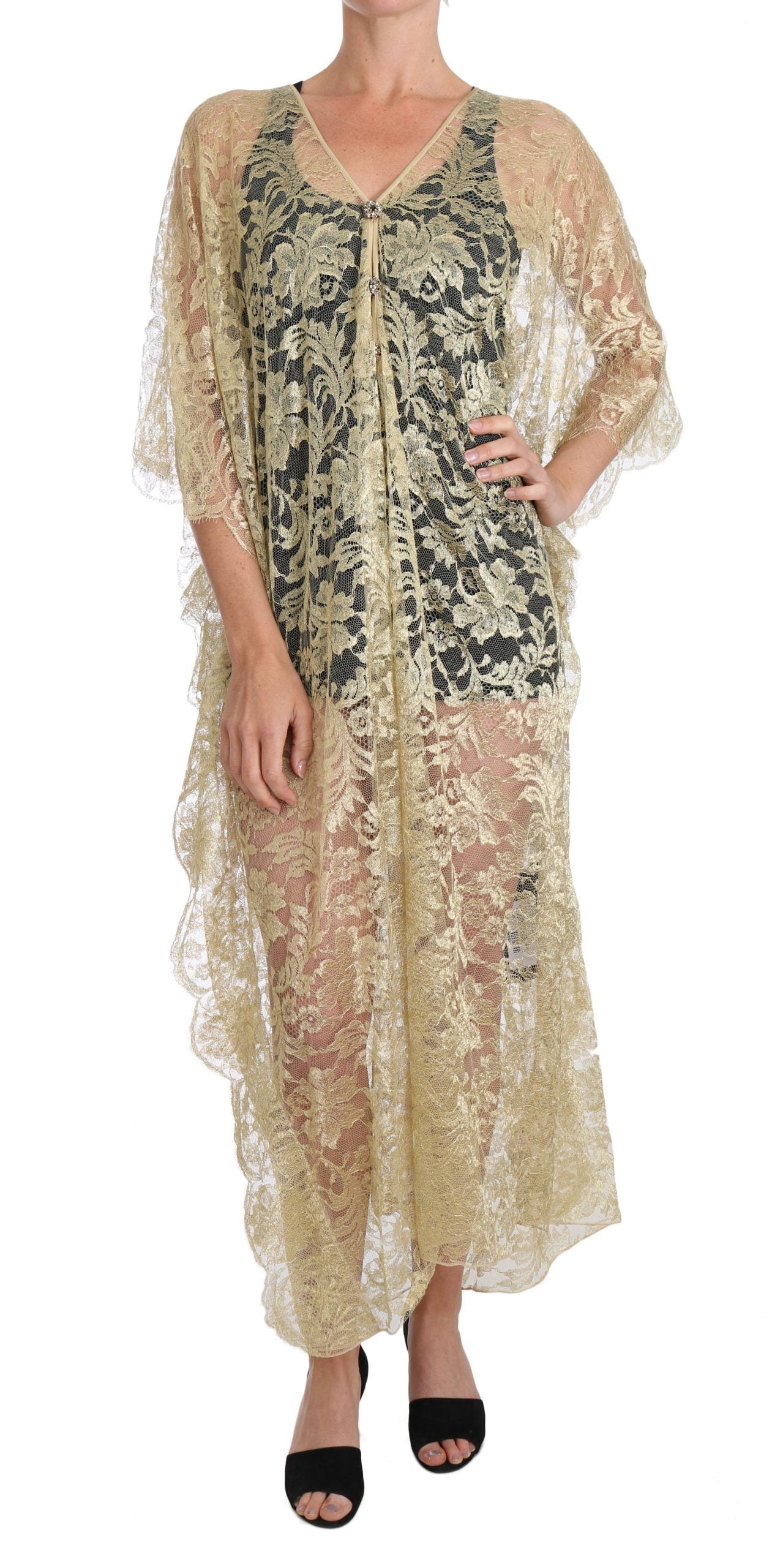 dolce gabbana gold lace dress Dolce & Gabbana Gold Floral Lace Crystal Gown Cape Women's Dress