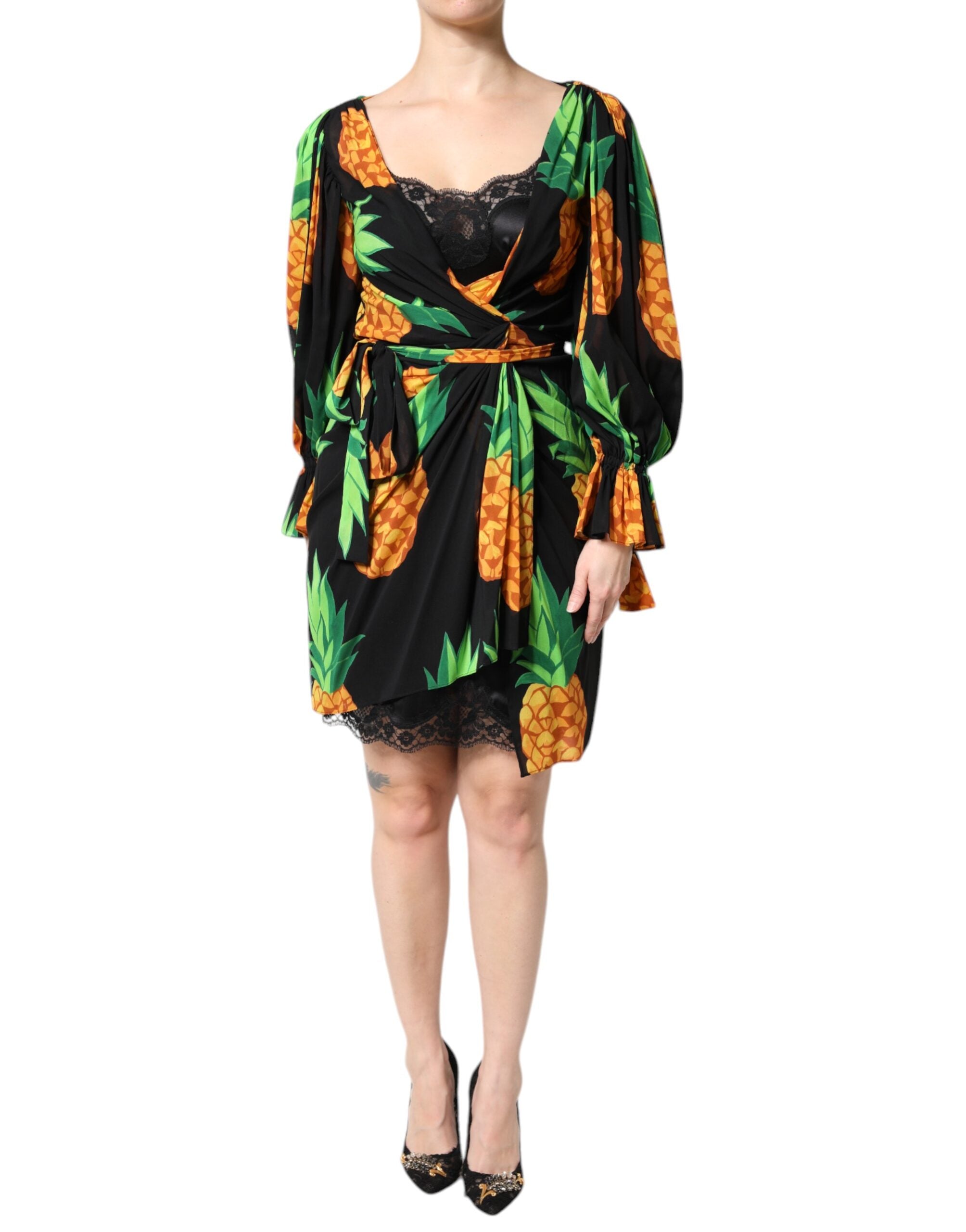 Dolce & Gabbana Black Silk Pineapple Draped Print Wrap Women's Dress –  Bluefly