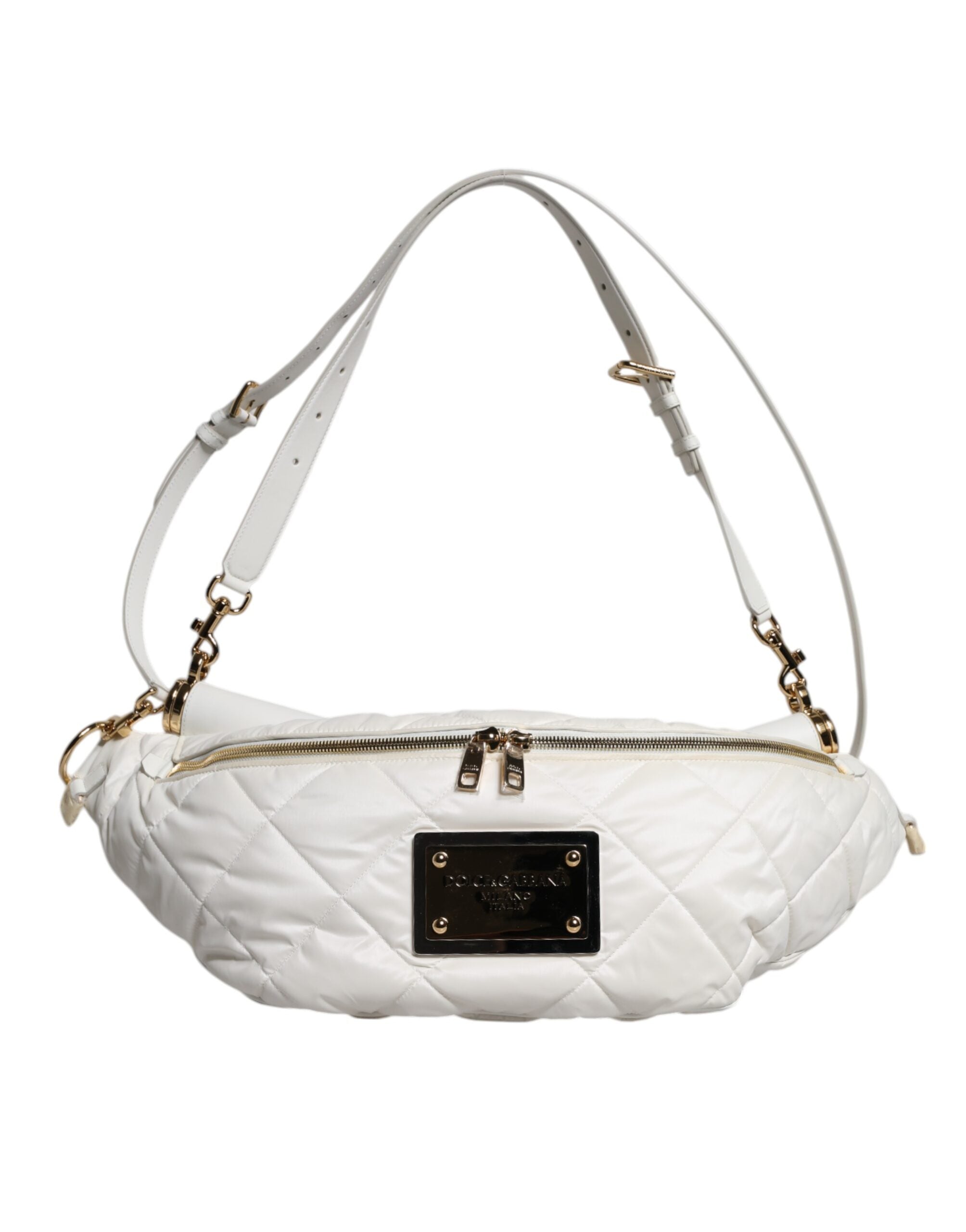 Dolce & Gabbana White Quilted Logo Plaque Belt Waist Fanny 