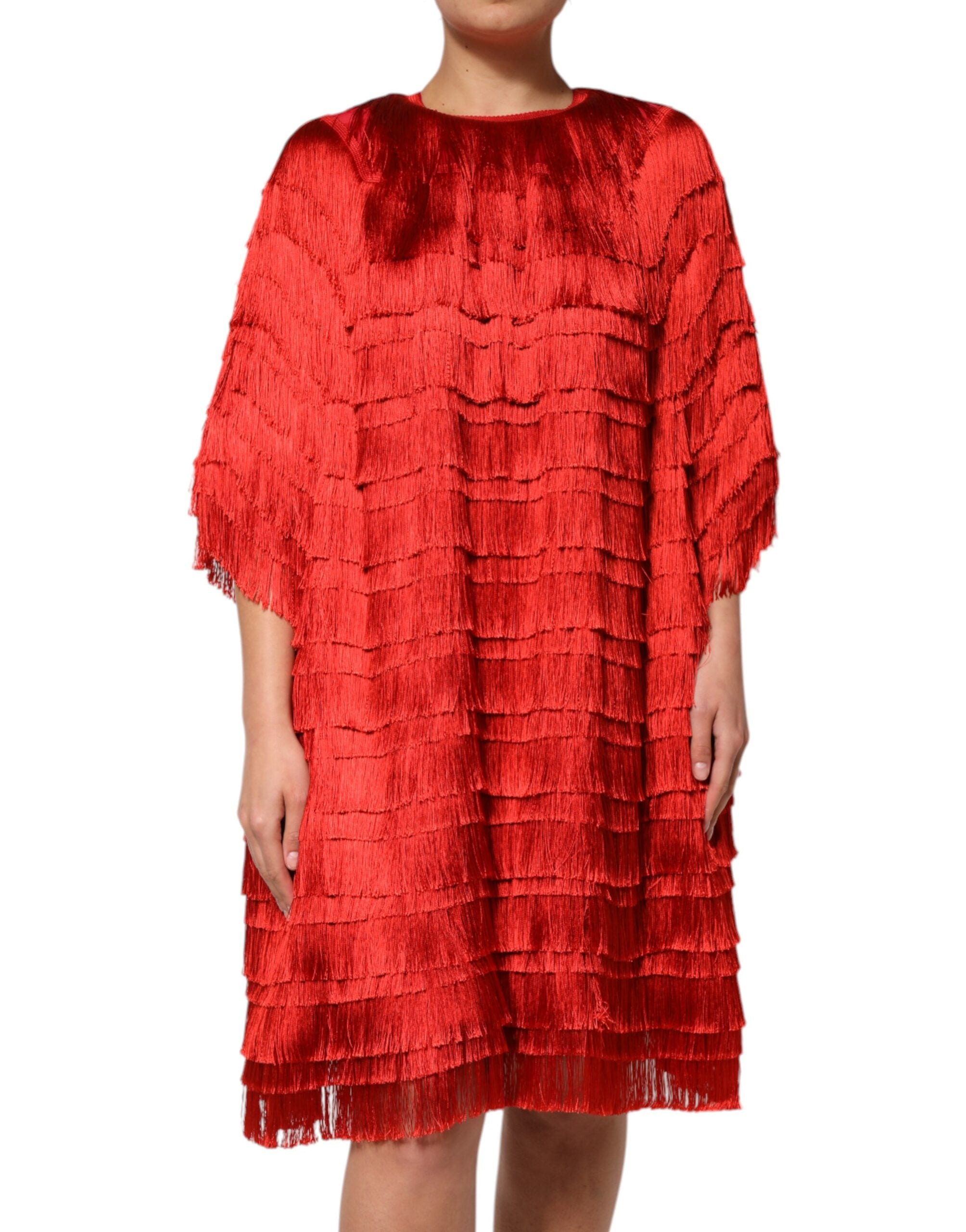 knee length fringe dress Dolce & Gabbana Red Silk Tiers Shift Women's size-metafields-ss25 Side seam pockets. The New Show Me Size/Age:150 (10-12Y)