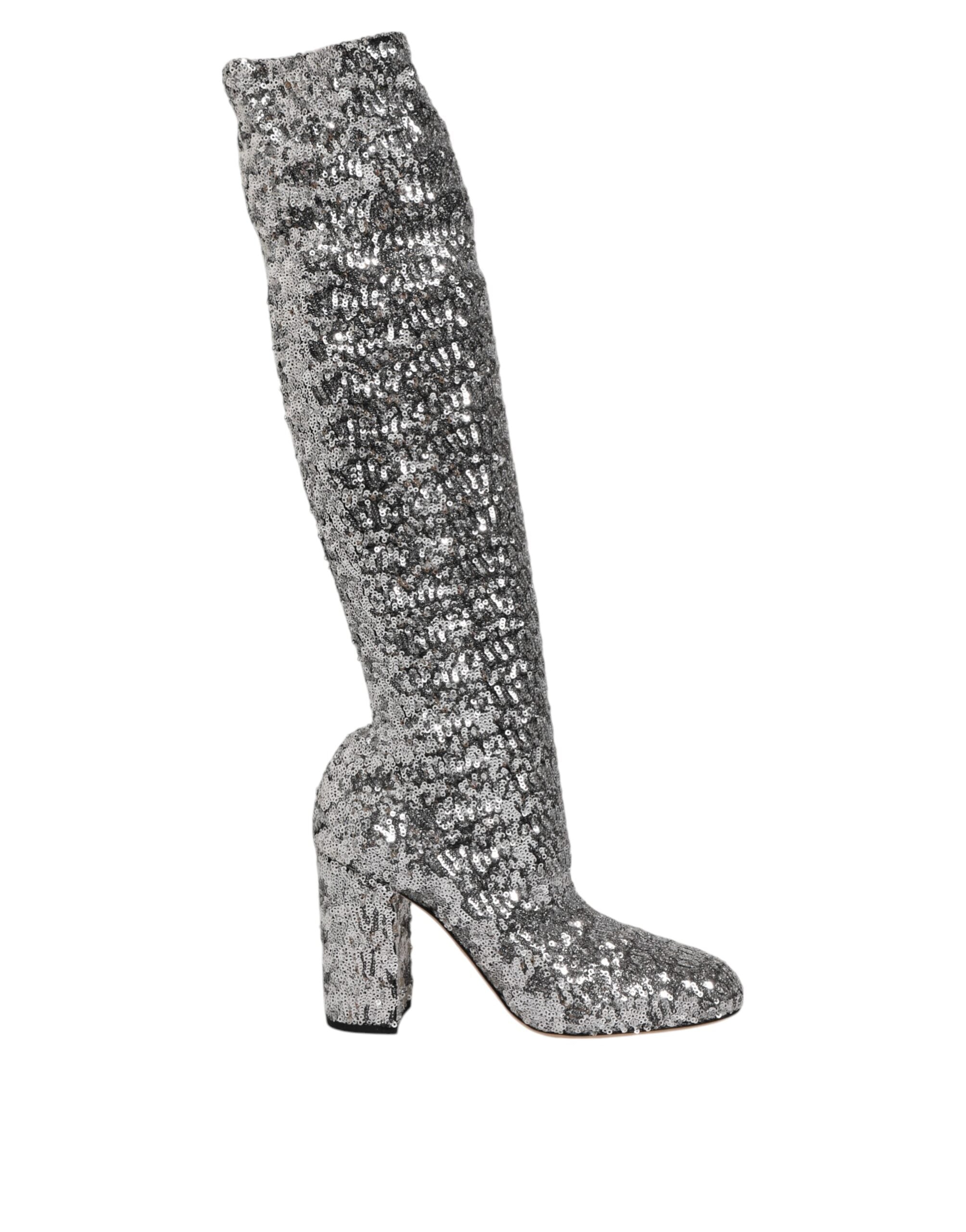 silver sequin glitter long boots