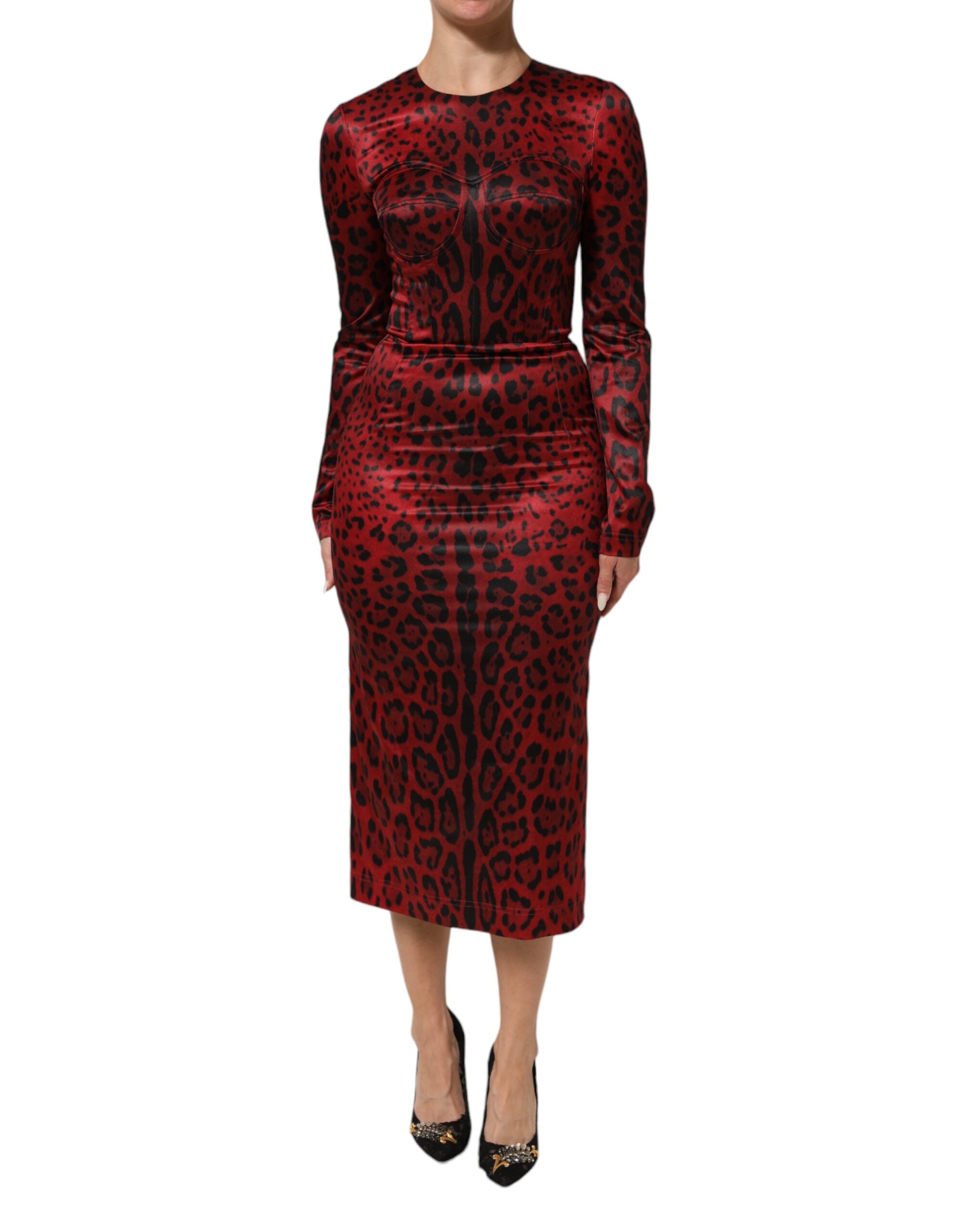 dolce and gabbana red leopard dress Dolce & Gabbana Red Leopard Sheath Long Sleeves Women's Dress