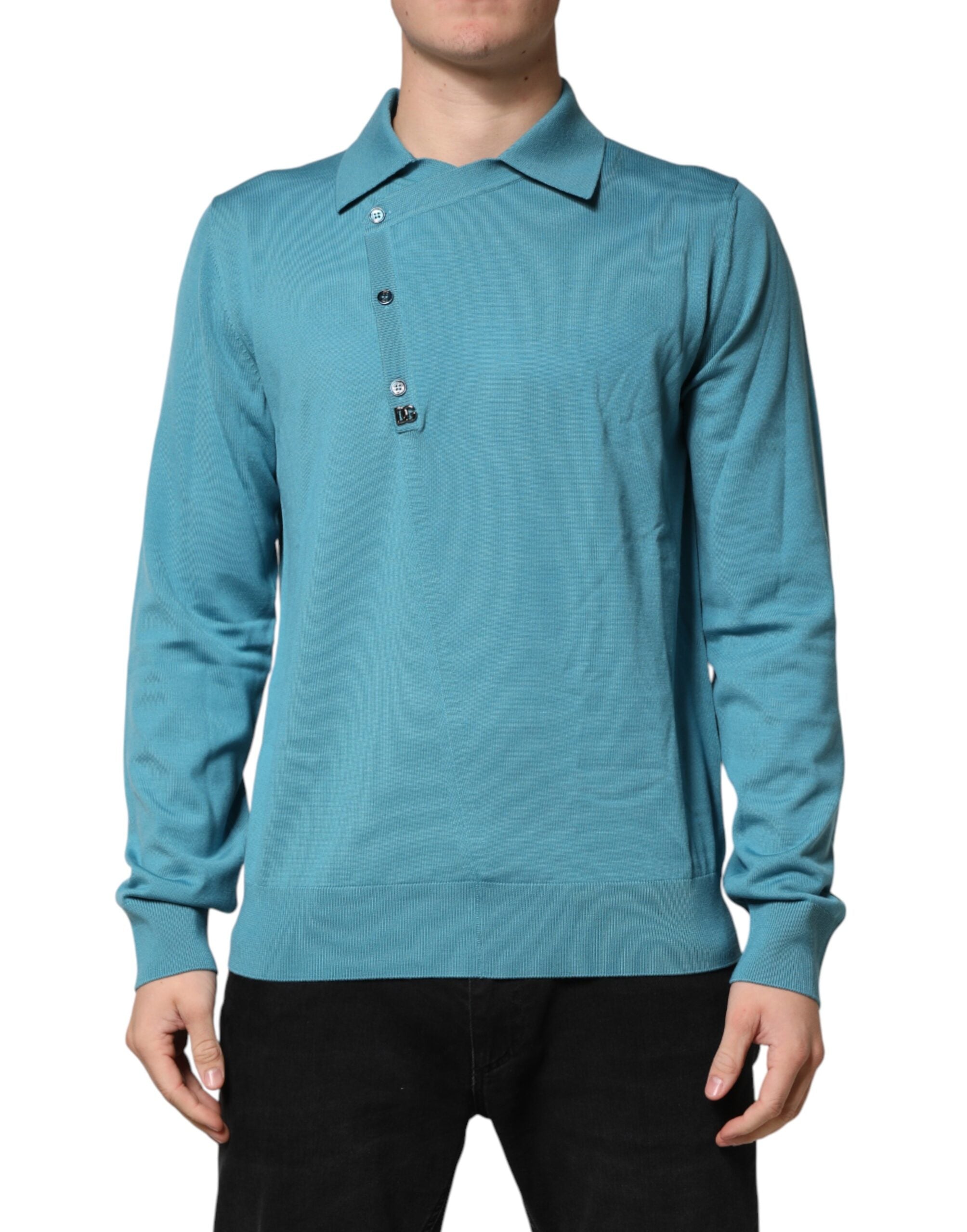 Dolce & Gabbana Teal Wool Collared Polo Pullover Men's Sweater