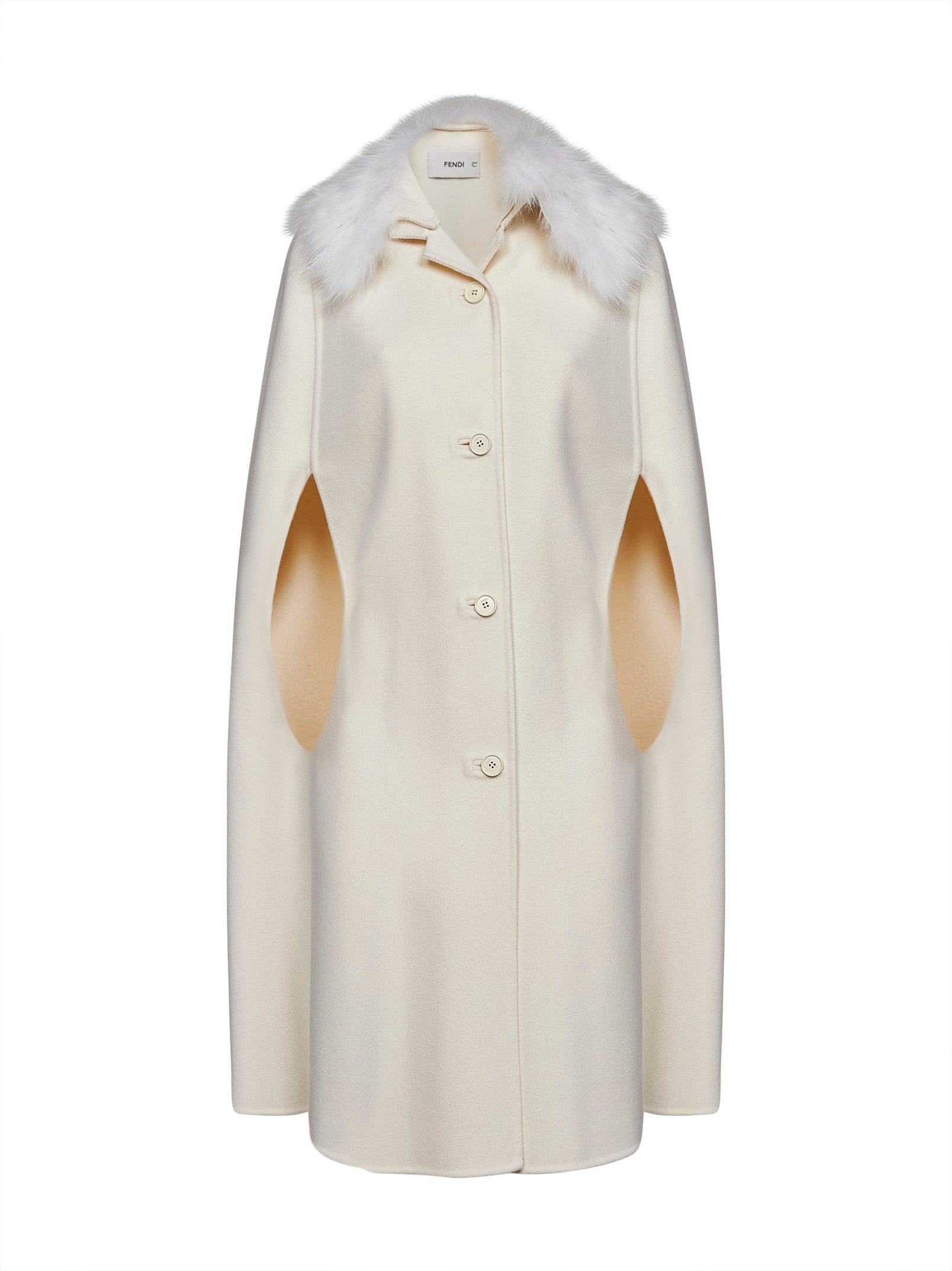 Fendi Women Ivory Double-Sided Wool-Blend Cape With Fox Fur Collar