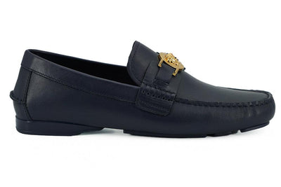 Versace Elegant Navy Blue Calf Leather Men's Loafers