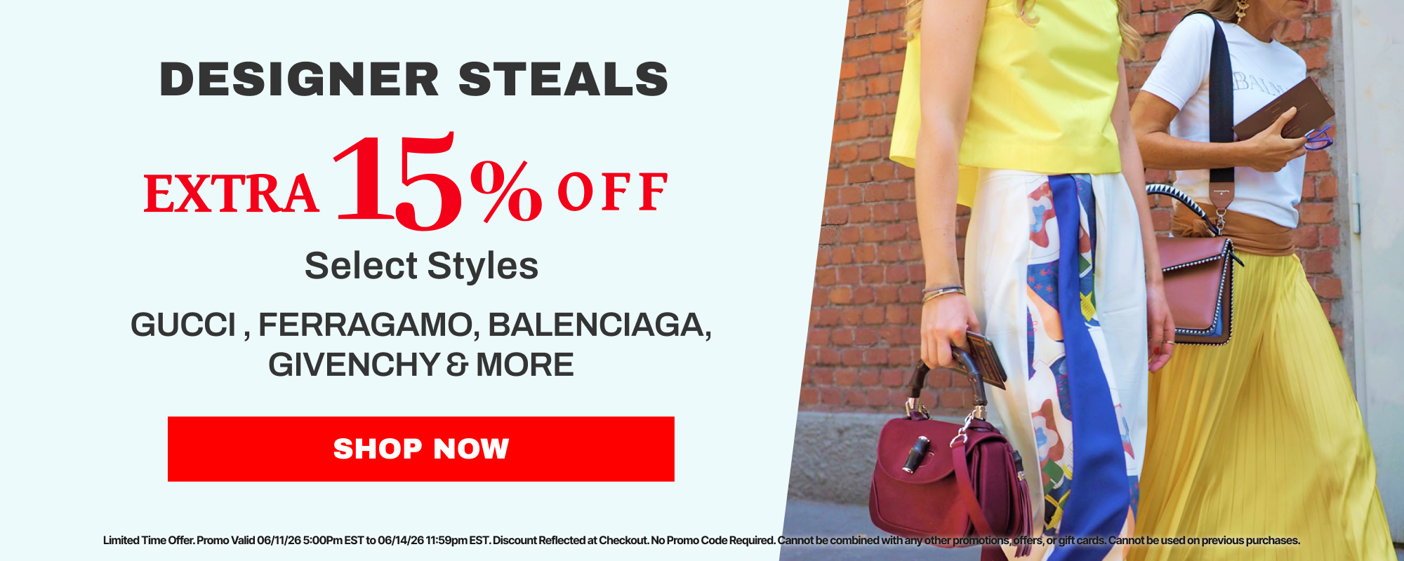 Promotional banner for Designer Steals sale with discount offer and brand names.