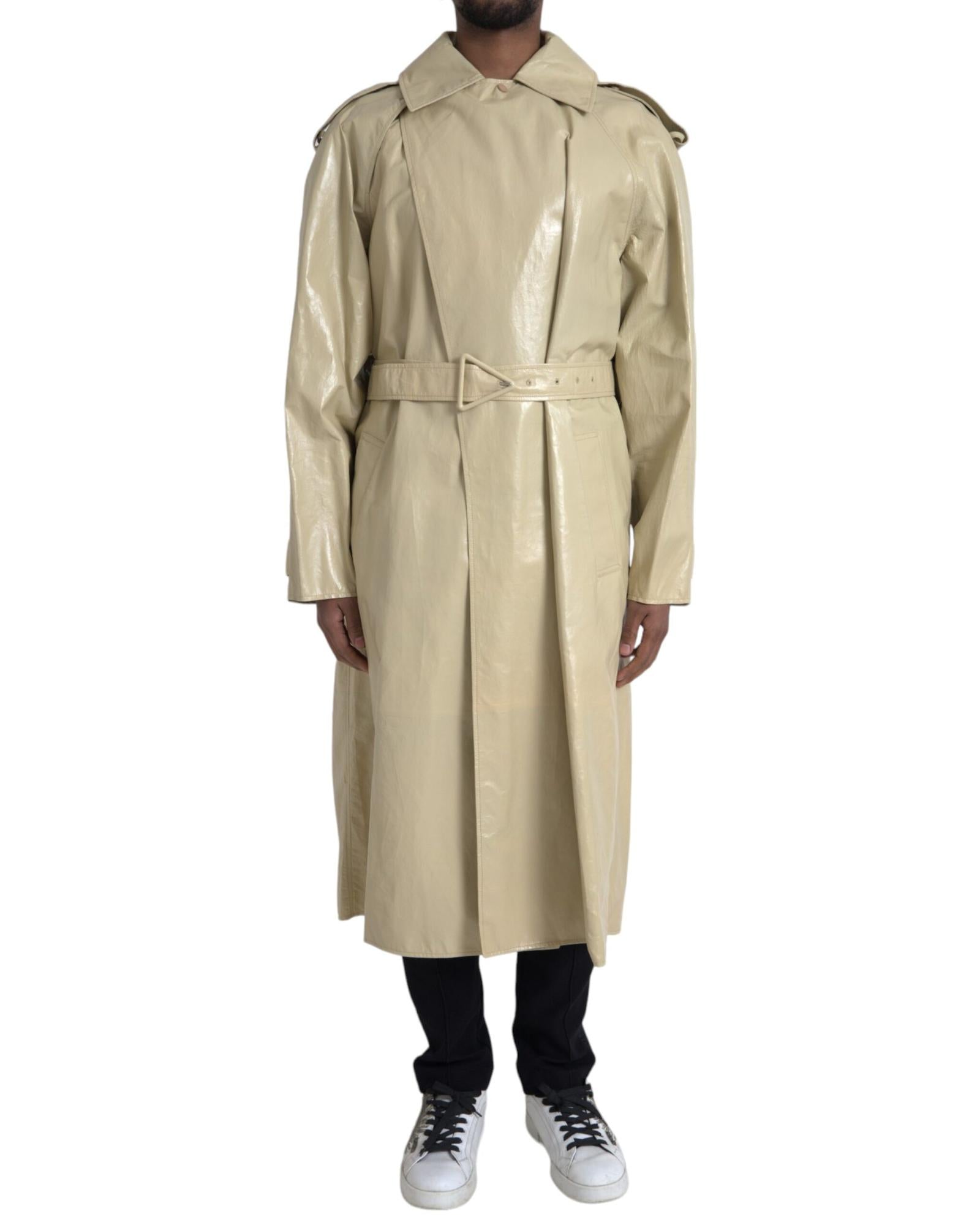 「BOTTEGA VENETA」Light Beige Trench Coat BOTTEGA VENETA Belted leather-trimmed cotton-garbardine
