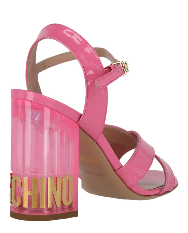 Moschino Womens Patent Leather Logo Heel Sandals
