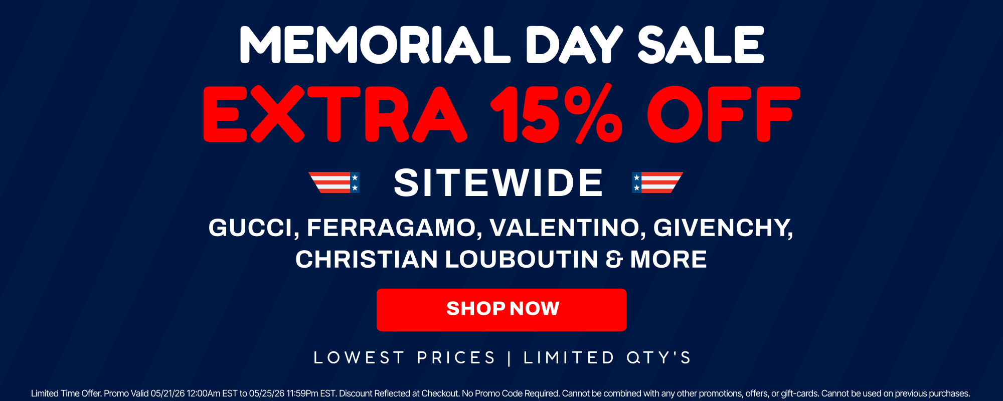 Memorial Day sale banner with discounts on various brands, featuring a red, white, and blue color scheme.