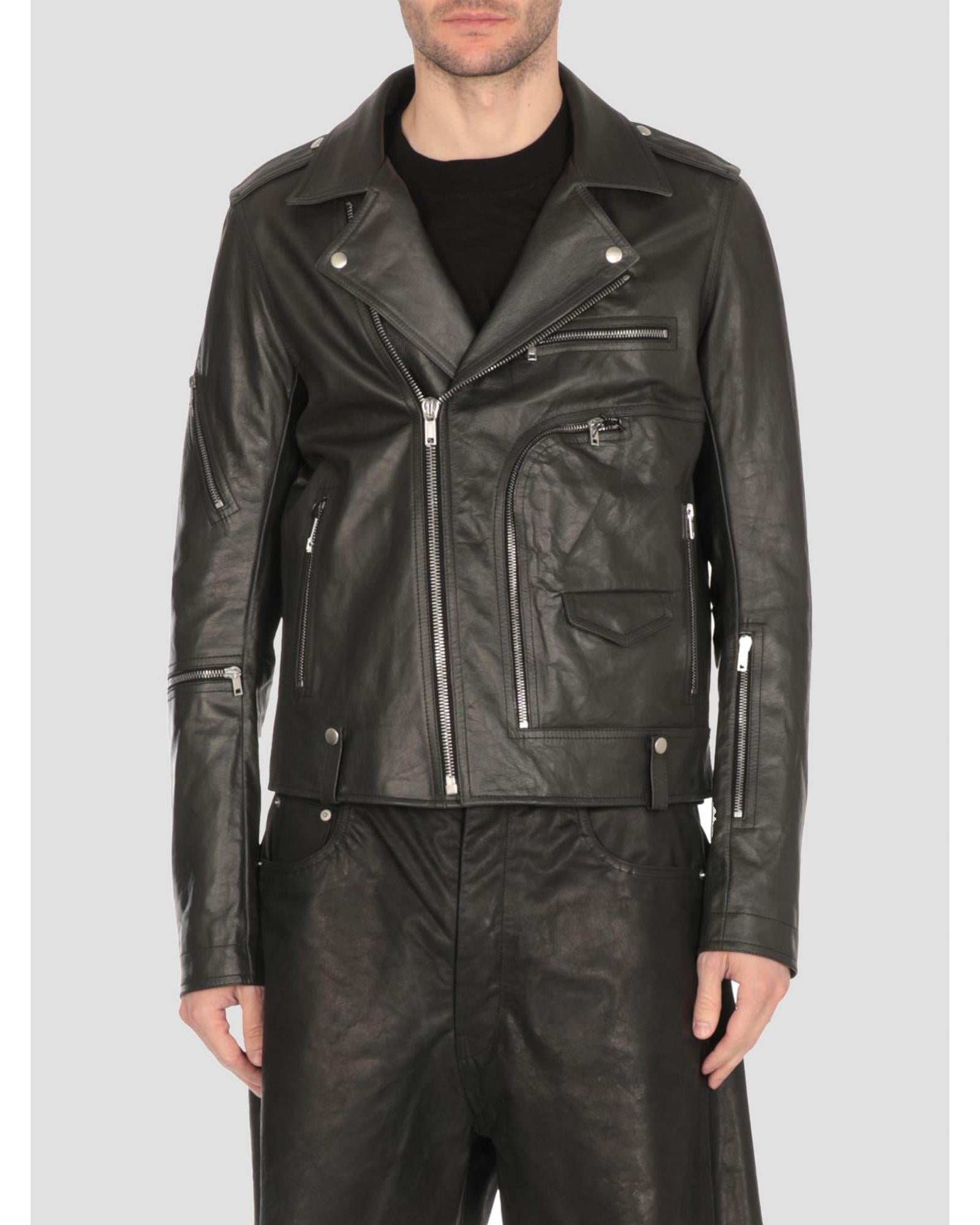 Rick Owens Leather Moto Jacket Asymmetrical Zip Men Black