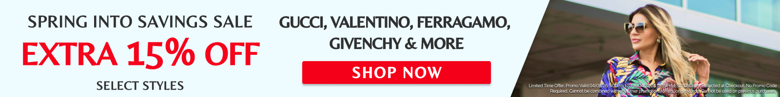 Promotional banner for a spring savings sale with discounts on Gucci, Valentino, Ferragamo, and Givenchy.