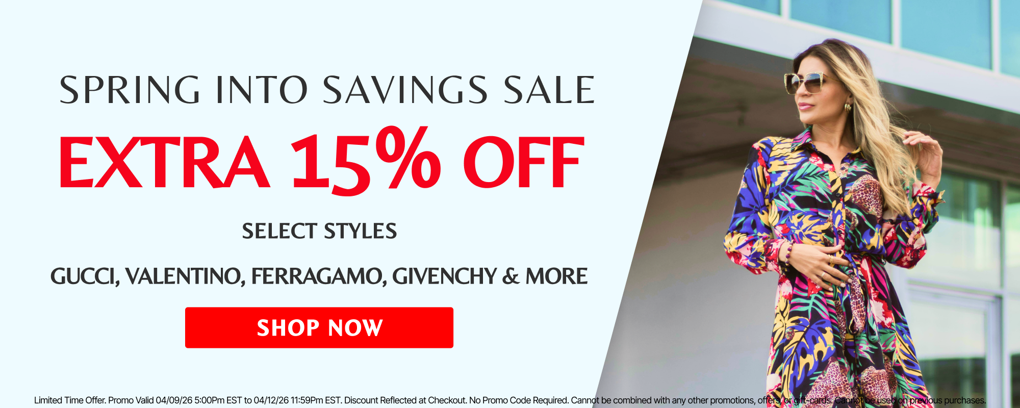 Promotional banner for a spring savings sale with discounts on Gucci, Valentino, Ferragamo, and Givenchy.
