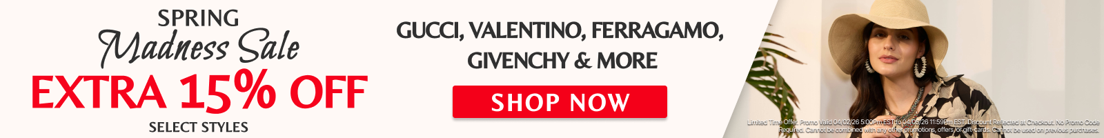 Promotional banner for a spring madness sale with discounts on Gucci, Valentino, Ferragamo, and Givenchy.