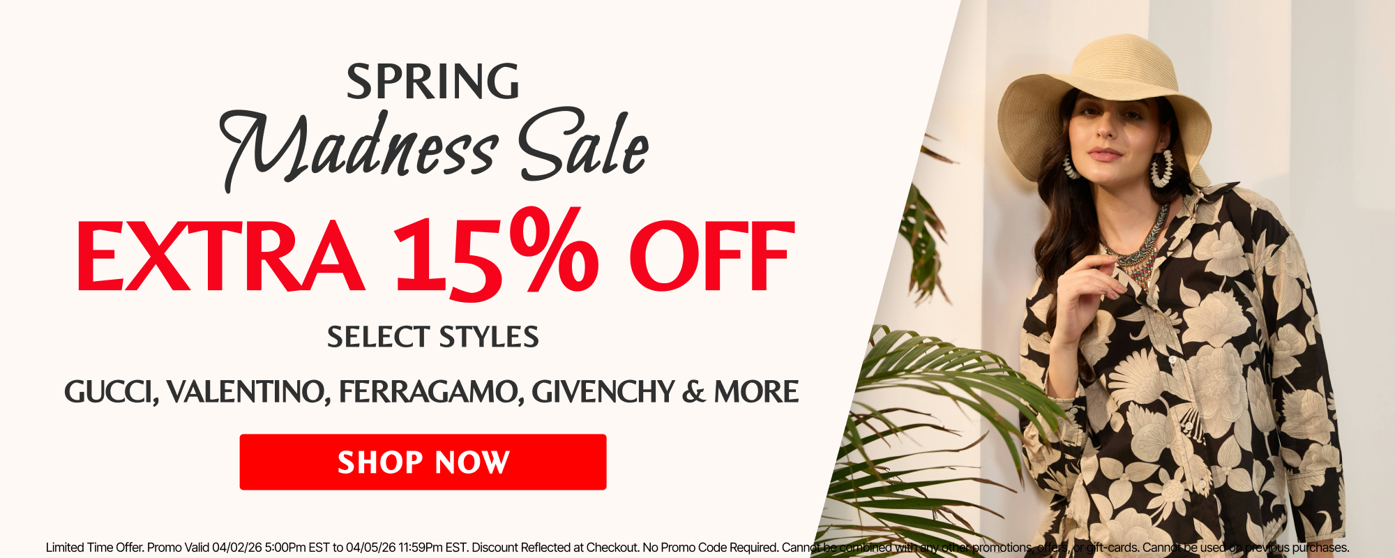 Promotional banner for a spring madness sale with discounts on Gucci, Valentino, Ferragamo, and Givenchy.