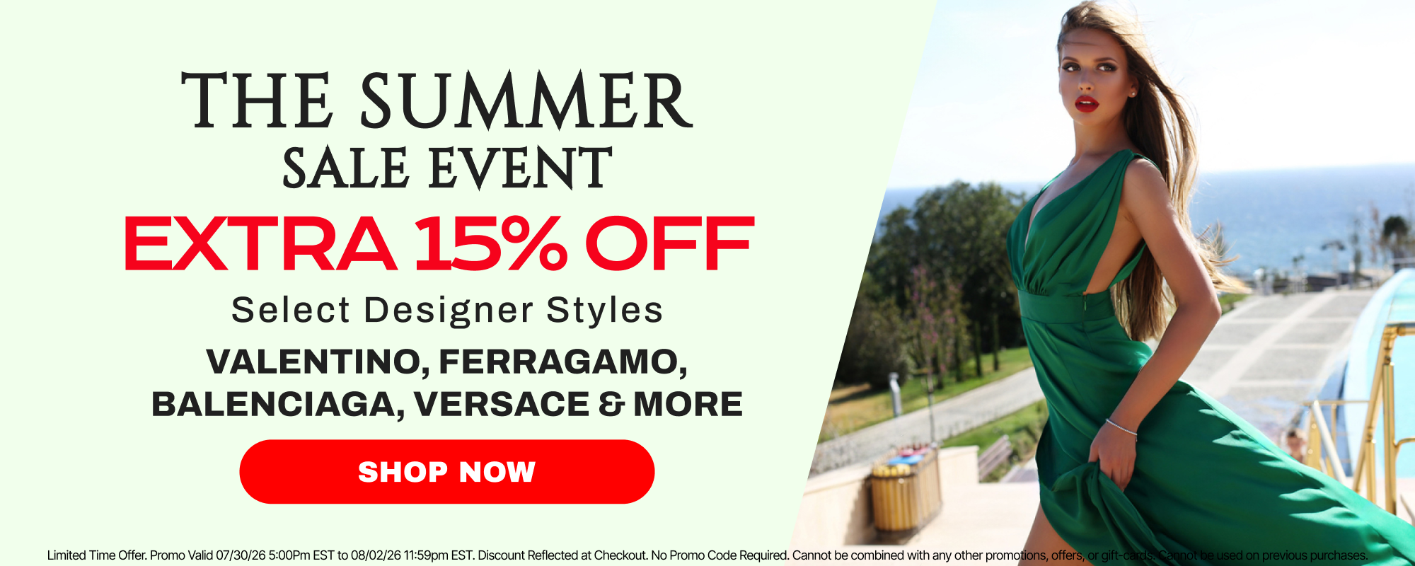 Promotional banner for a summer sale event featuring a woman in a green dress on the right and sale text on the left, including 'EXTRA 15% OFF' and 'SHOP NOW'.
