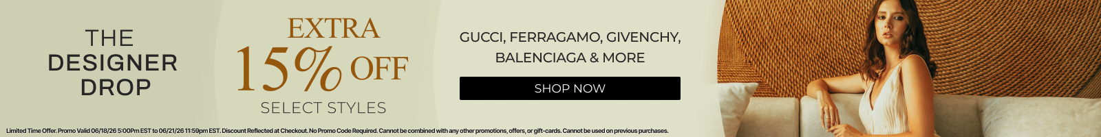 Promotional banner for Designer Drop with 15% off on select styles, featuring Gucci, Ferragamo, and Balenciaga.