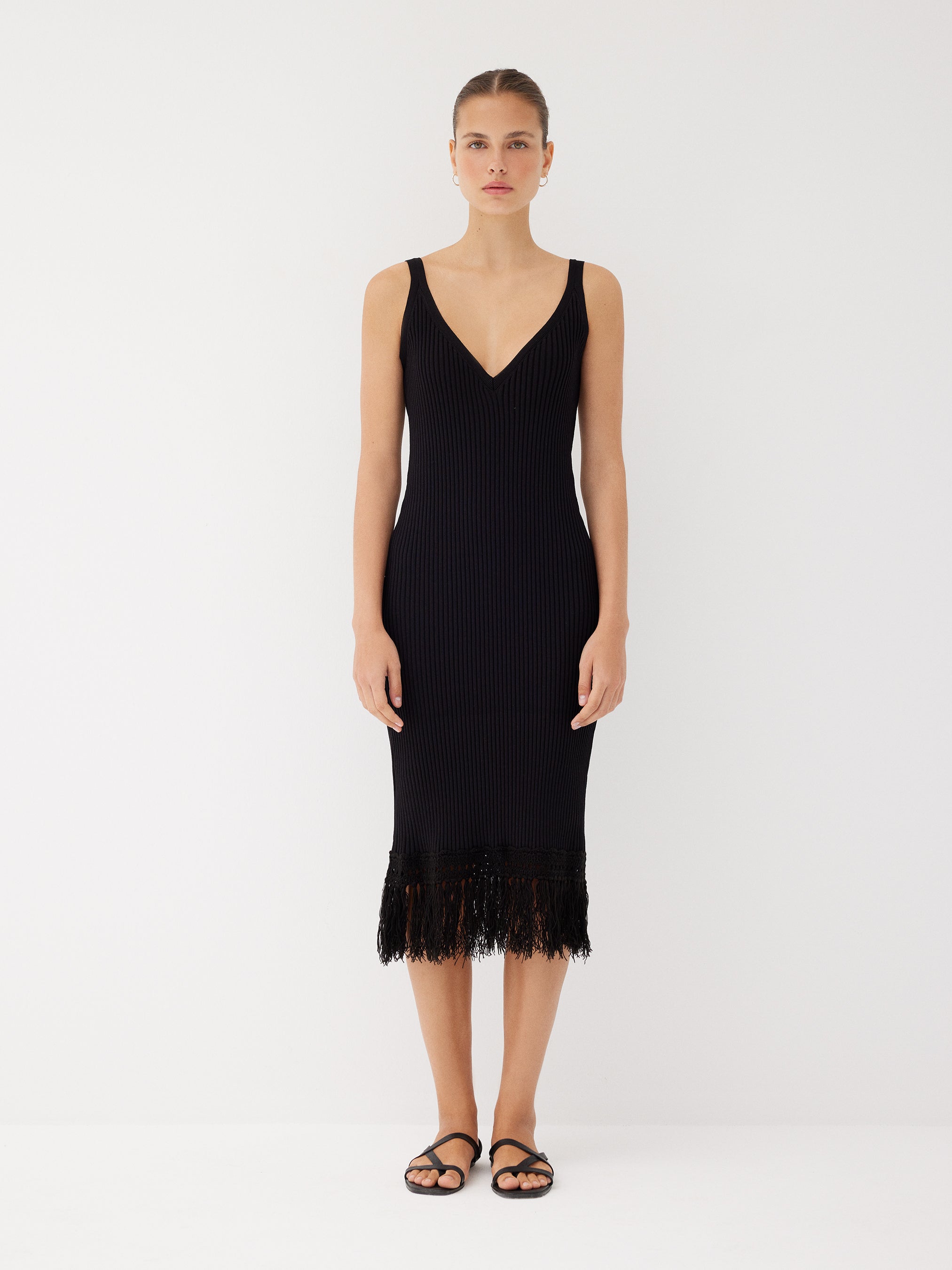 Elise Black Fringe Midi Dress, Regular 12 (L) / Black
