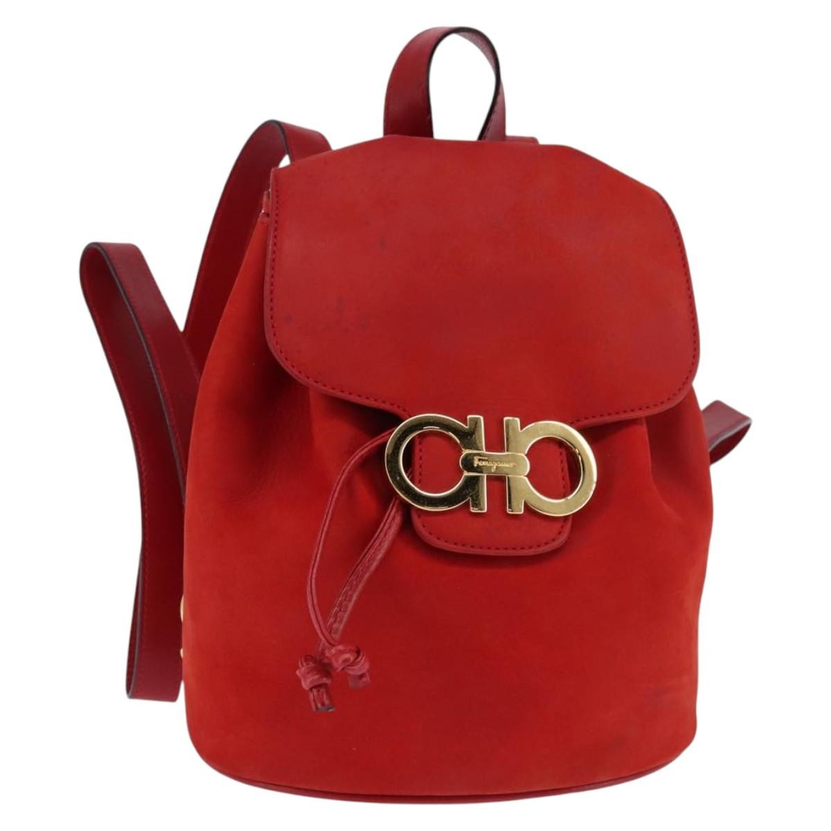 Salvatore Ferragamo Gancini Flap Drawstring Backpack Leather Red Leather Backpack Bag (Authentic Pre-Loved)