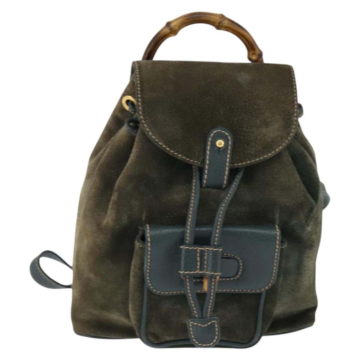 authentic leather gucci backpack Gucci Vintage Bamboo Backpack Suede Khaki Suede Backpack Bag (Authenti –  Bluefly