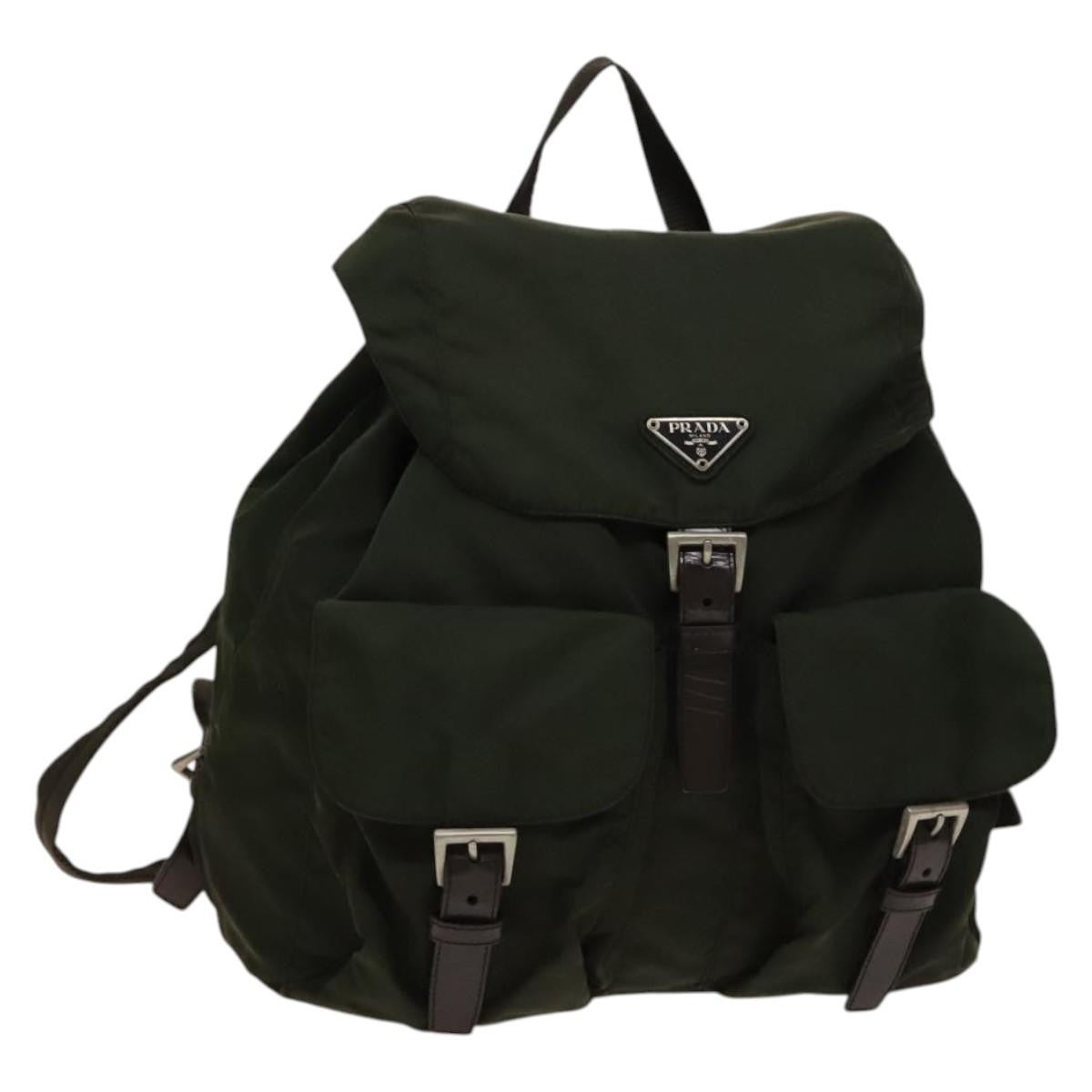 Prada Vela Double Front Pocket Backpack Tessuto With Saffiano Leather Khaki Nylon Backpack Bag (Authentic Pre-Loved)