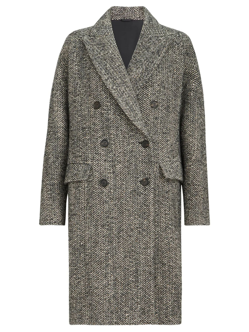 Brunello Cucinelli Women Cappotto In Chevron Dazzling Di Lana Vergine E Alpaca Con Monile