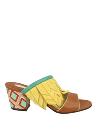 Ferragamo Womens Axis Leather Feather Trim Mules