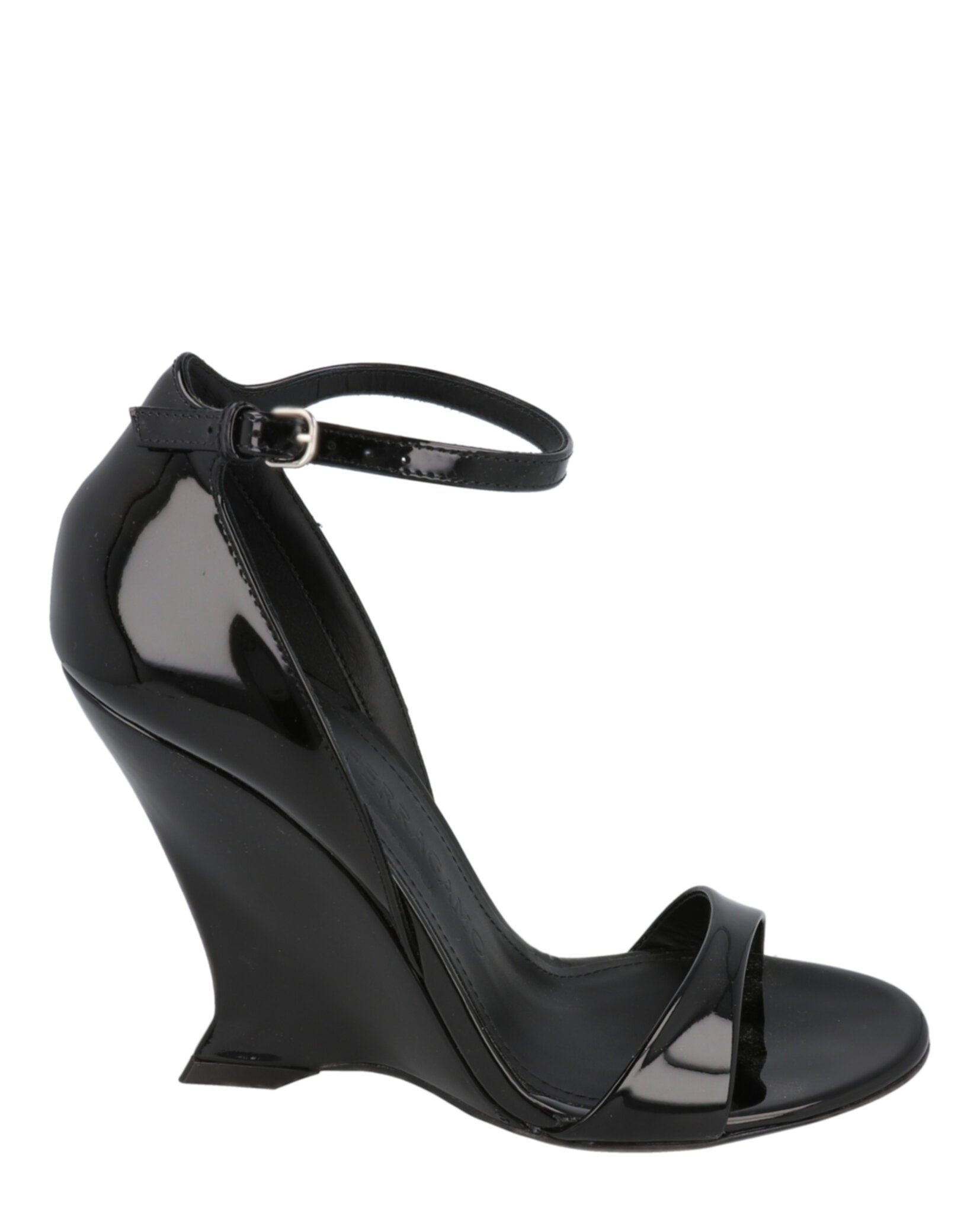 Ferragamo Womens Vidette Patent Leather Wedge Sandals Black