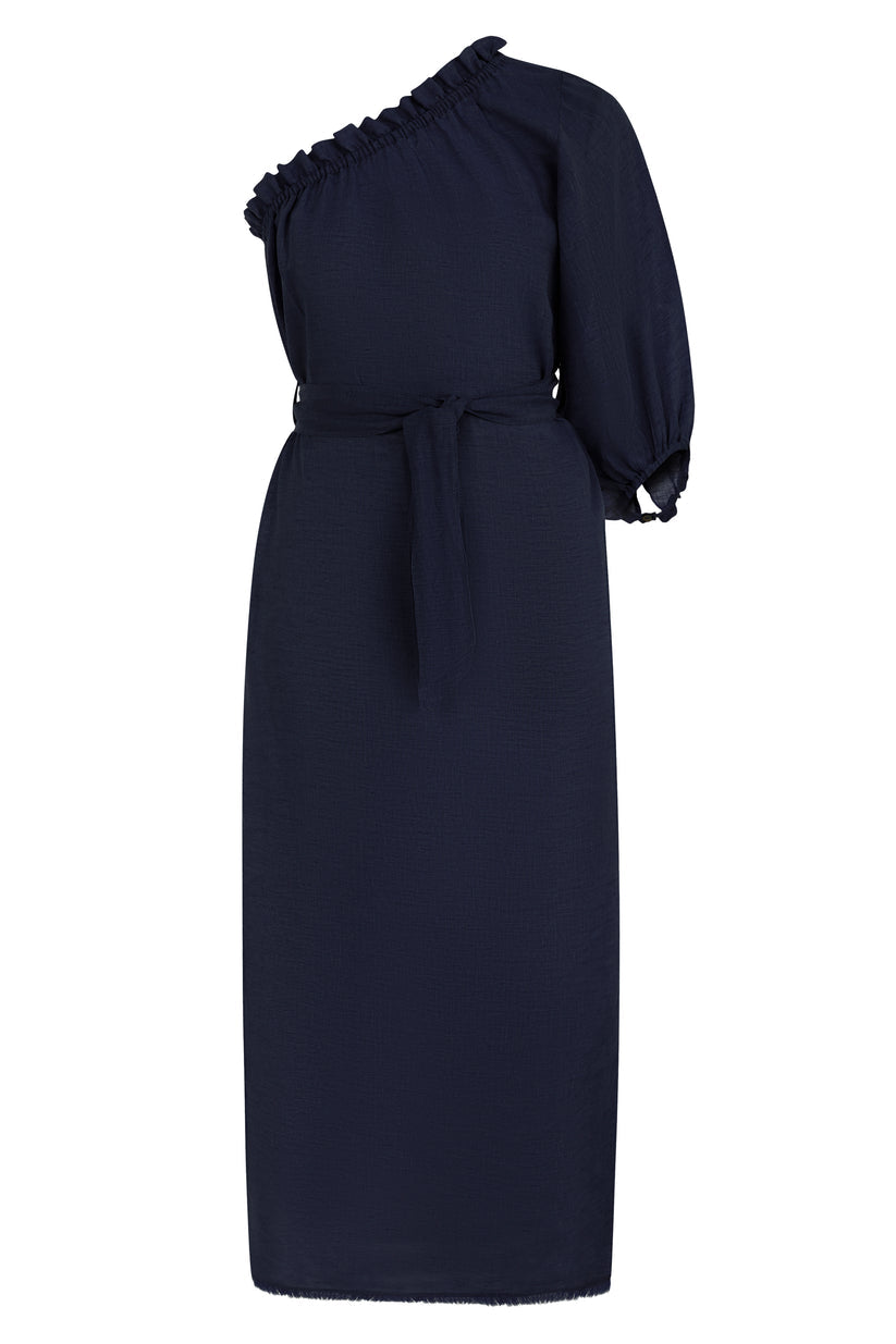 Sardinia Navy Linen One Shoulder Dress Regular 4 (S) Navy