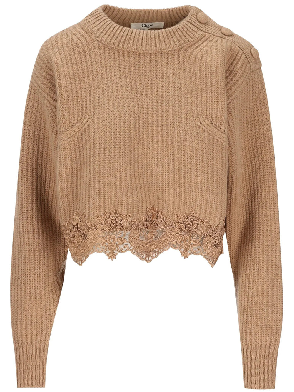 CHLOÉ Pullover Corto Con Collo A Lupetto In Maglia Di Lana E Cashmere Con Pizzo Women