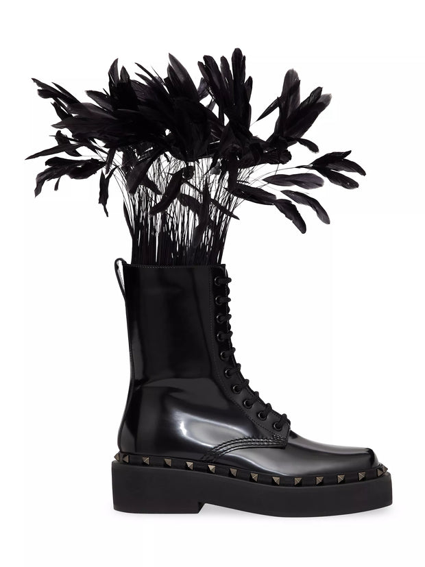 Valentino Rockstud M-Way Combat Boot In Calfskin With Feathers 50Mm