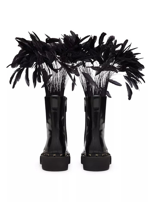 Valentino Rockstud M-Way Combat Boot In Calfskin With Feathers 50Mm