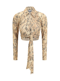 Ganni Women Printed Marl Mesh Tie Blouse