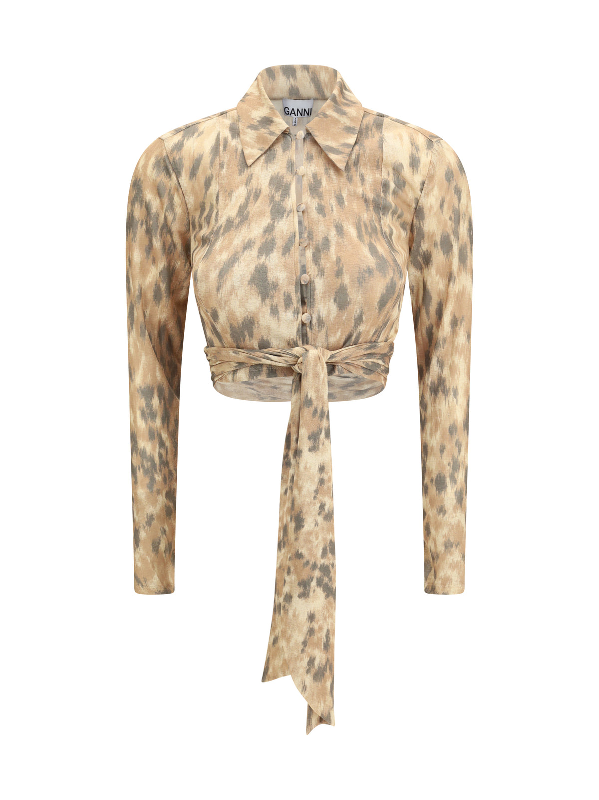 Ganni Women Printed Marl Mesh Tie Blouse