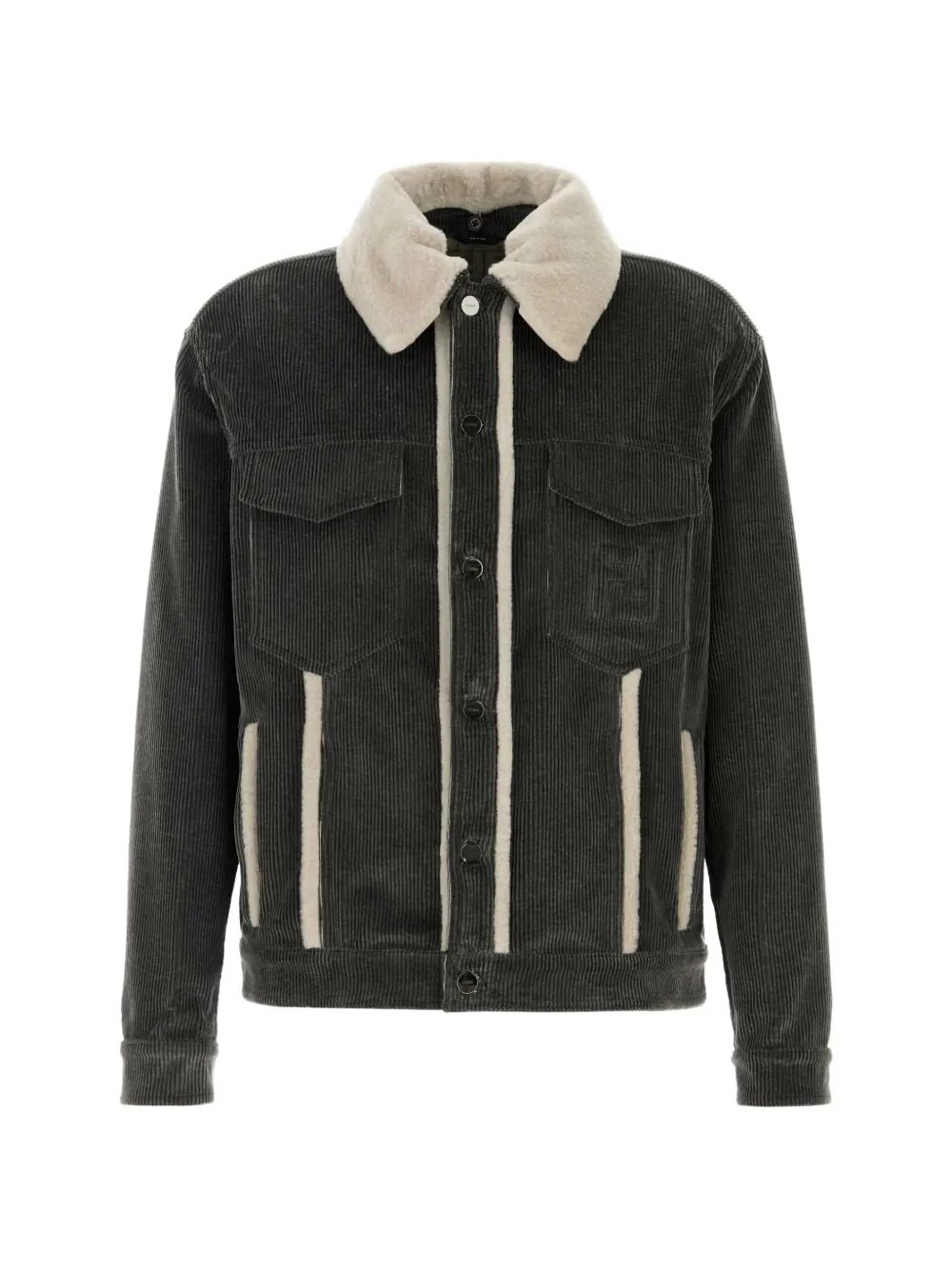FENDI Faded Stonewash Treatment Corduroy Blouson With Sheepskin Trim Removable Collar Women