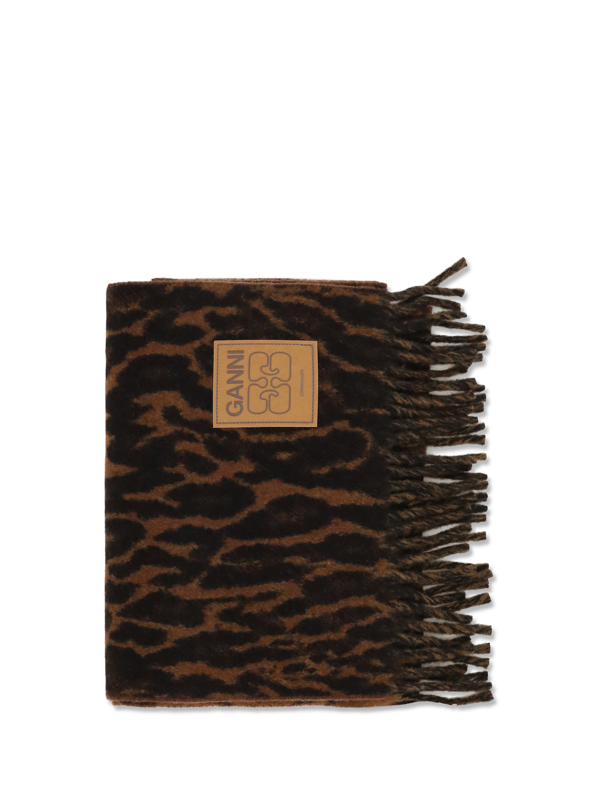 GANNI Ganni Women Leopard Print Wool Scarf With Logo And Fringes