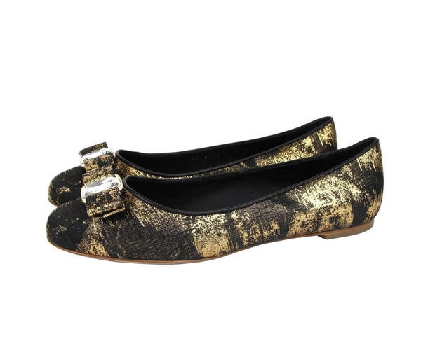 Salvatore Ferragamo Women's Varina Black / Gold Fabric Ballet Flat 0685485