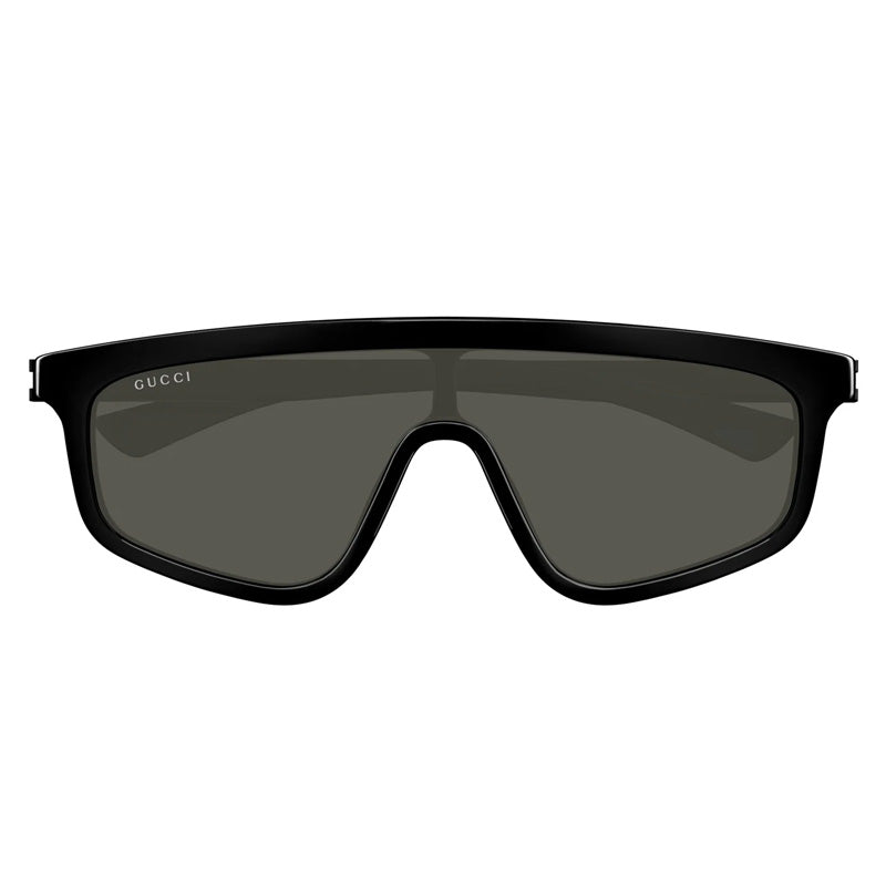 Gucci Gucci Shield Full Rim, with a Shiny Solid Black frame and Grey lens.