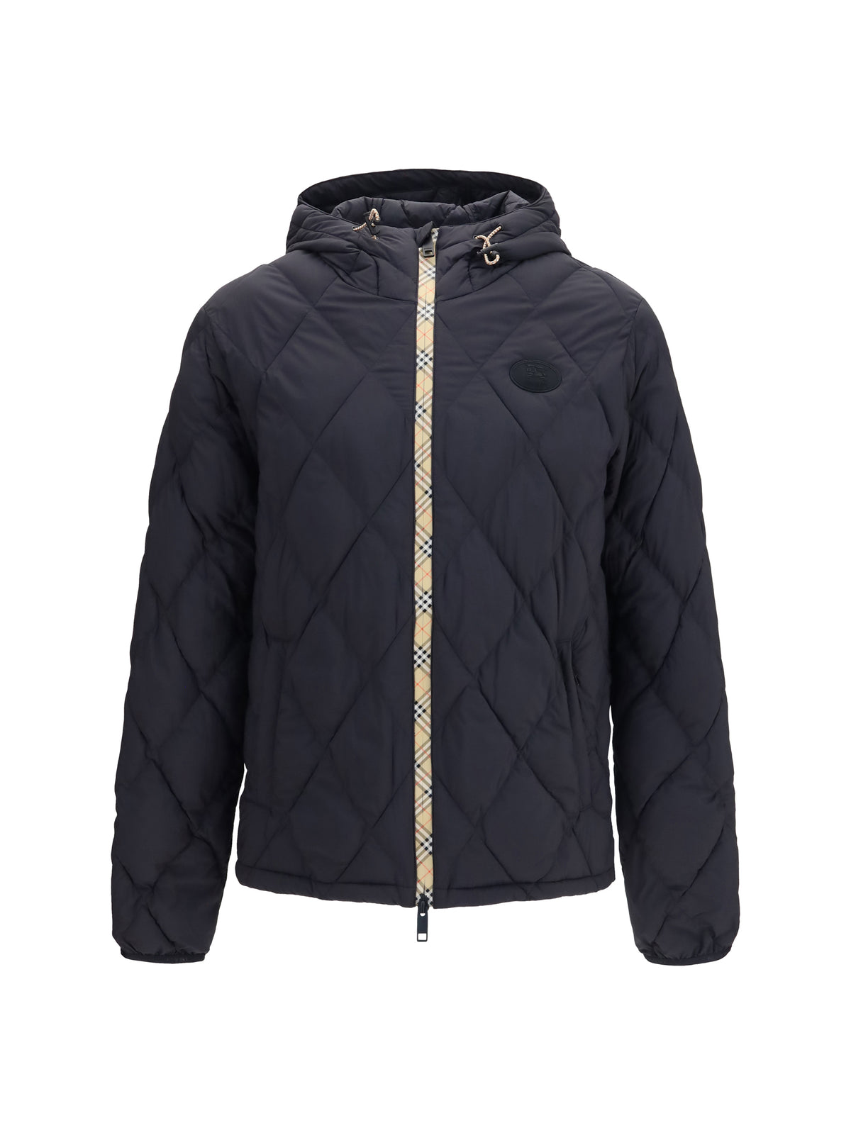 Burberry Men Doversgreen Nylon Down Jacket With Check Stitching