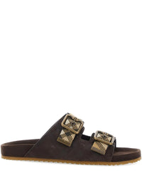 BURBERRY LONDON ENGLAND Suede Flat Sandals With Checked Straps Women