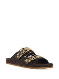 Burberry Women Suede Flat Sandals With Checked Straps