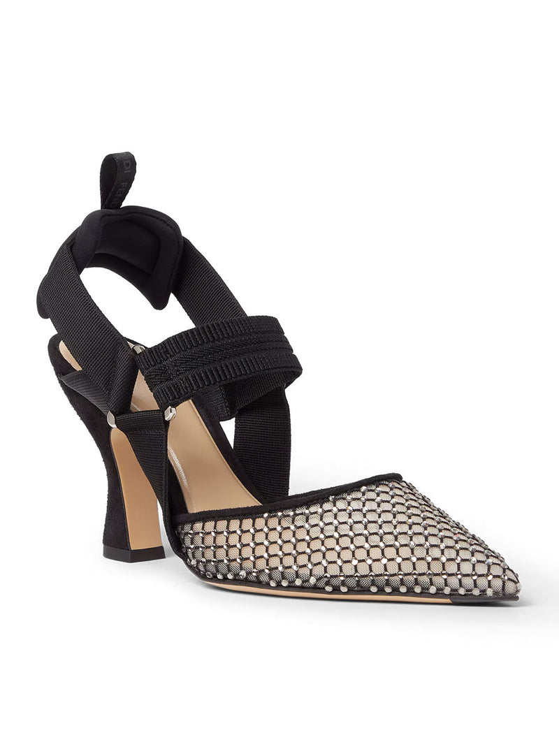 Fendi Women Hummingbird High-Heeled Slingback In Mesh And Black Suede