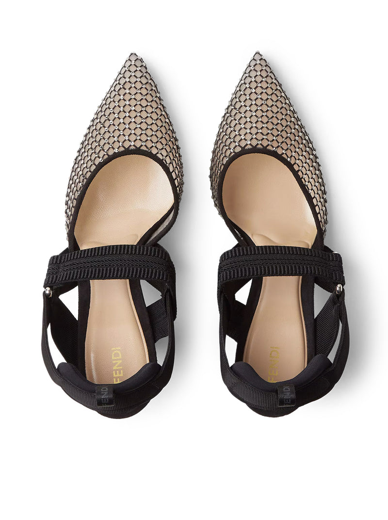 Fendi Women Hummingbird High-Heeled Slingback In Mesh And Black Suede
