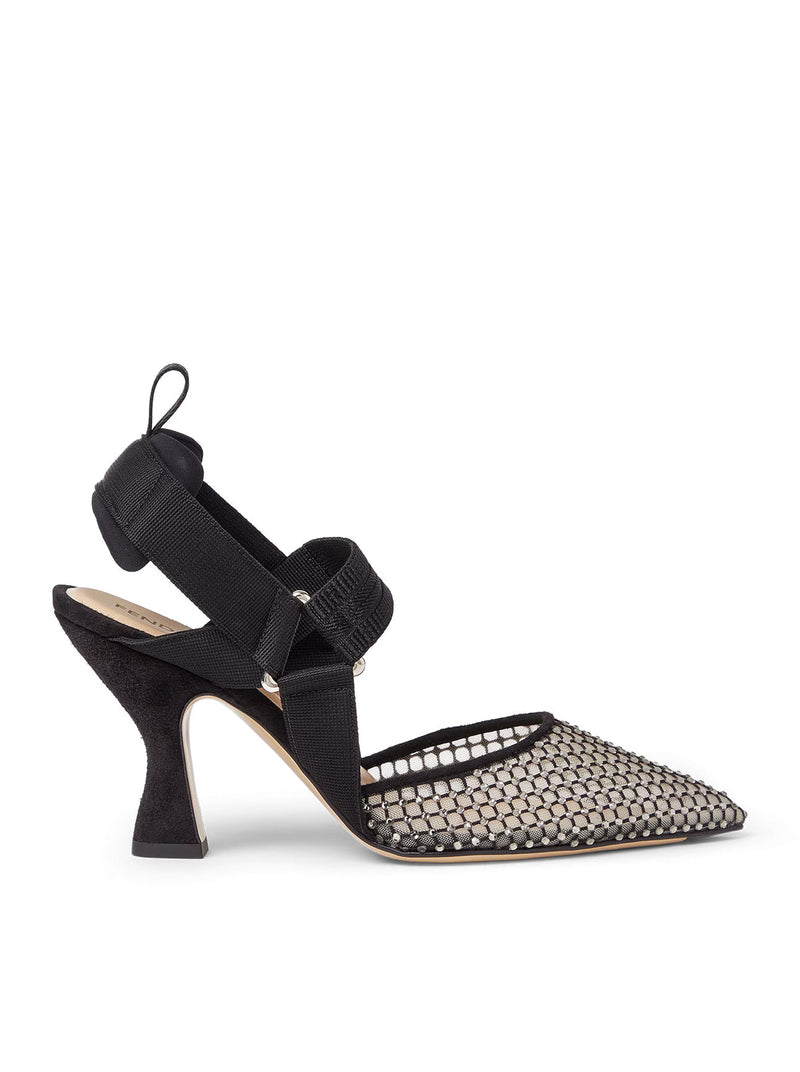Fendi Women Hummingbird High-Heeled Slingback In Mesh And Black Suede