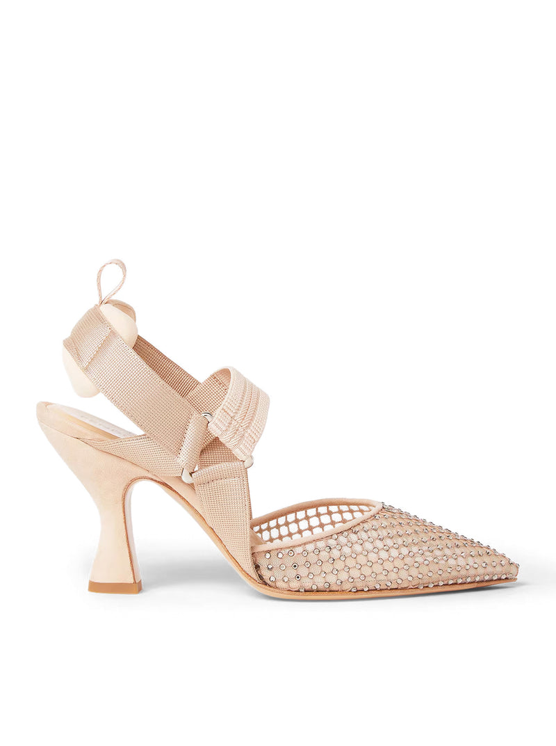 Fendi Women Hummingbird High-Heeled Slingback In Pink Mesh And Suede