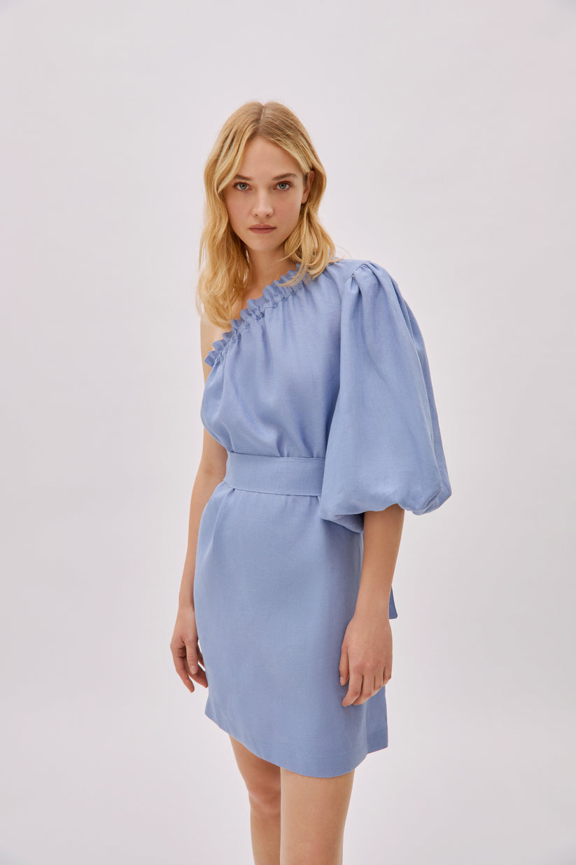 Florence Cloud Blue Linen One Sleeve Dress Regular 8 (M) Blue
