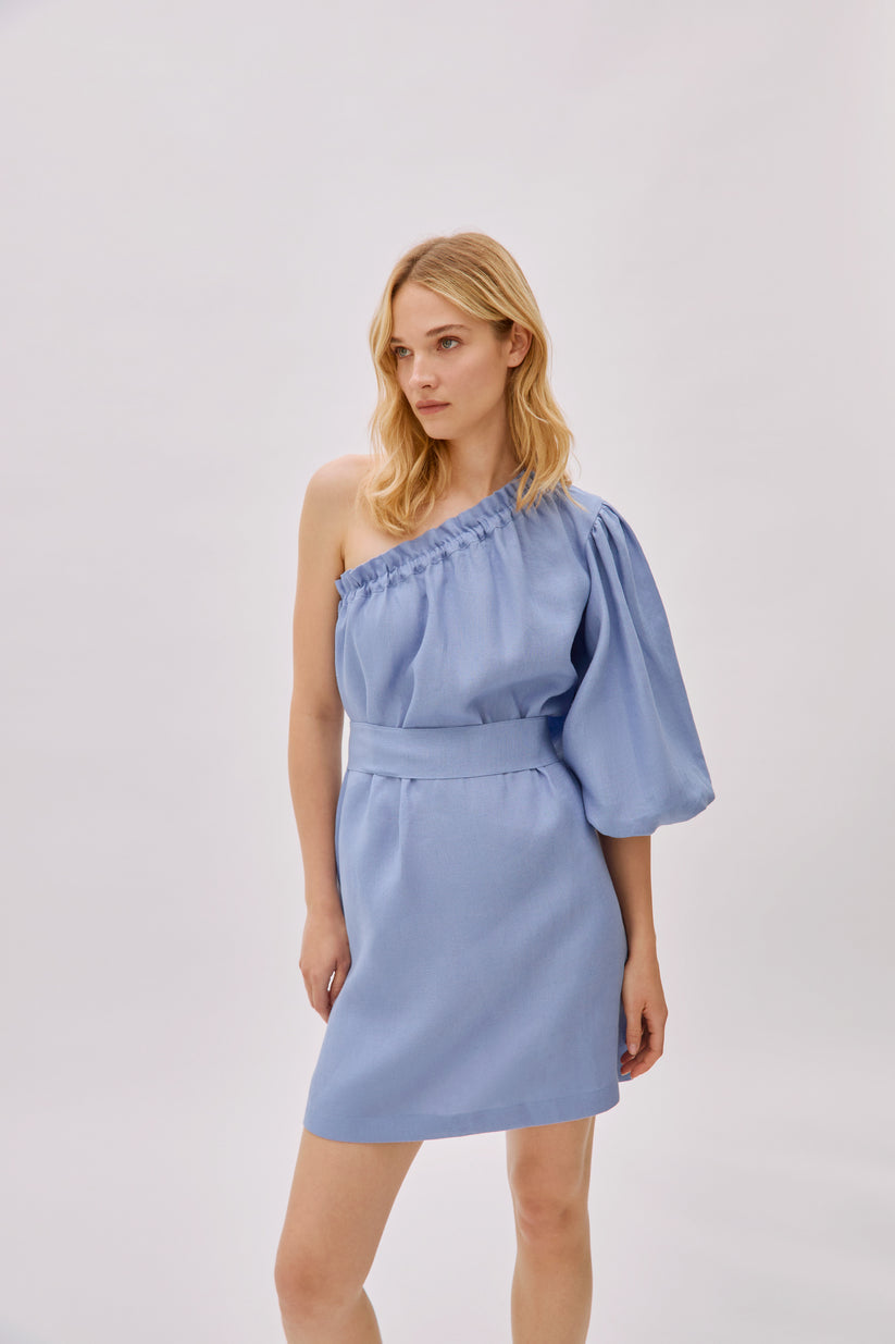 Florence Cloud Blue Linen One Sleeve Dress Regular 12 (L) Blue
