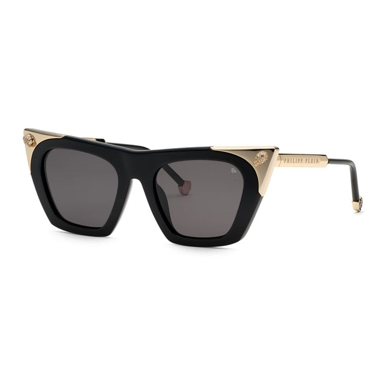 Philipp Plein Sunglasses Cat Eye Full Rim, Shiny Black/Gold Frame and Smoke Lens SPP134S0700