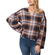 Womens Plaid Notch-Neck Pullover Top